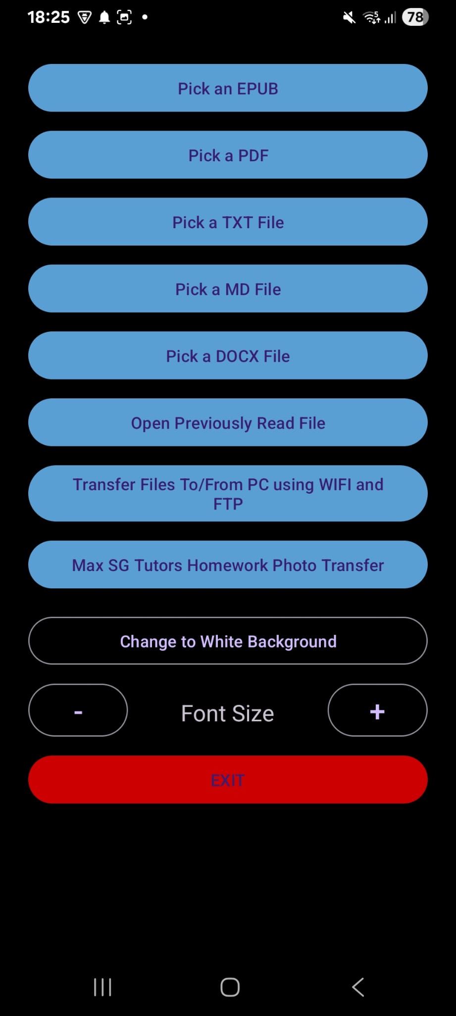 Quick Reader main screen showing the Max SG Tutors Homework Photo Transfer button